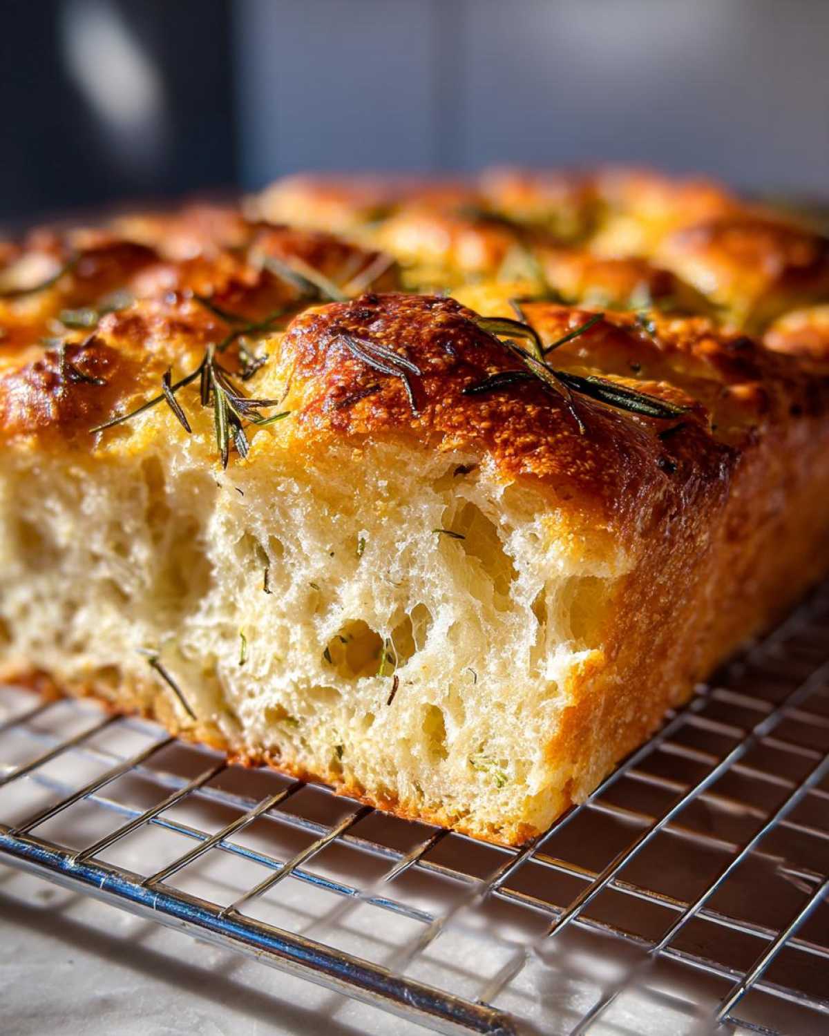 Close-up of the airy, open crumb structure of No-Knead Skillet Focaccia with Rosemary cooling on a wire rack.