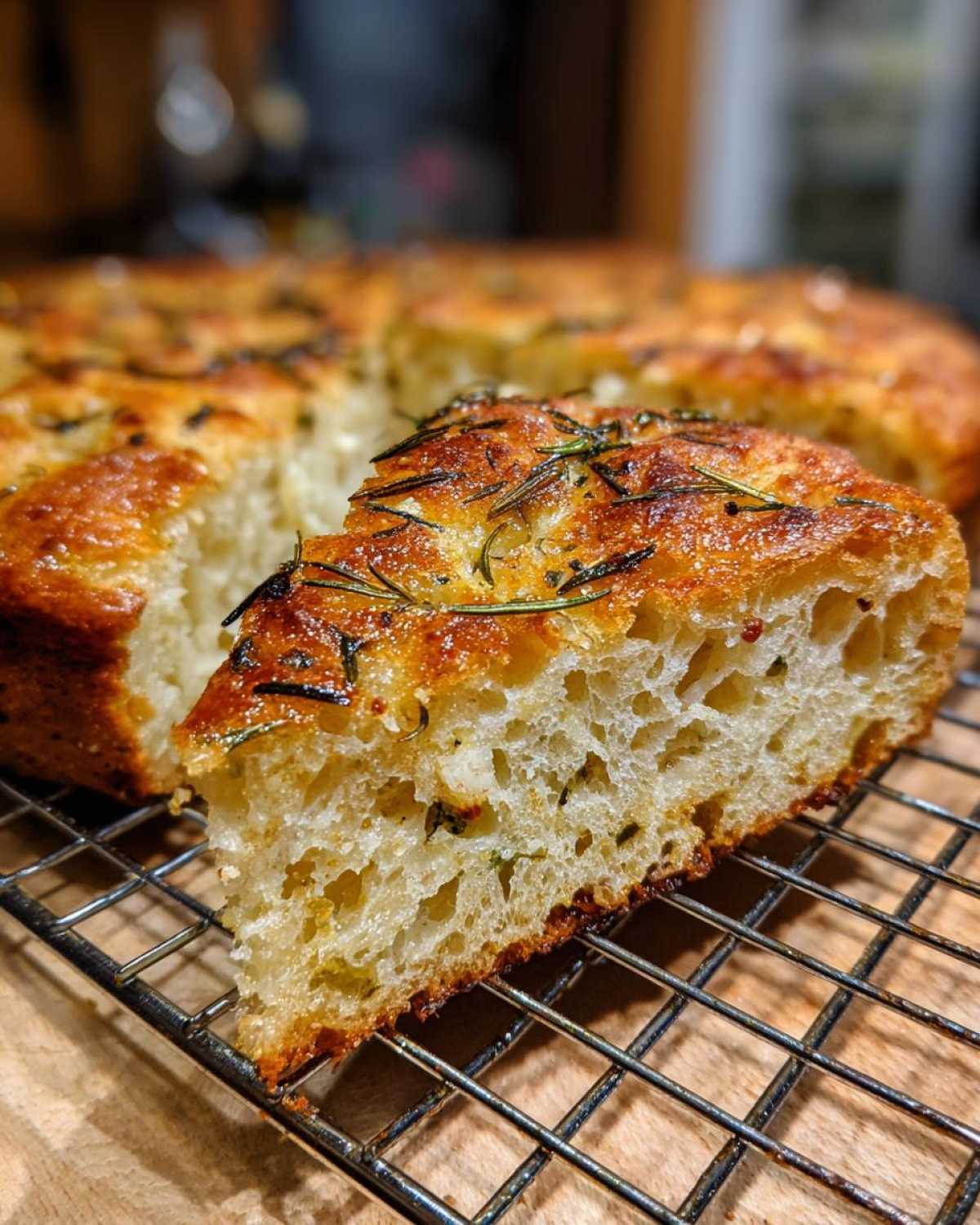 A close-up of a thick, airy slice of No-Knead Skillet Focaccia with Rosemary resting on a cooling rack.