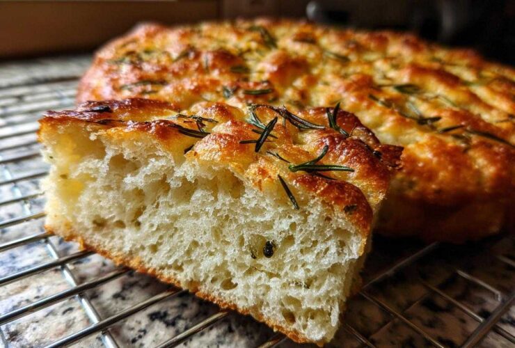 Close-up of a fluffy slice of No-Knead Skillet Focaccia with Rosemary showing the airy crumb and golden crust.