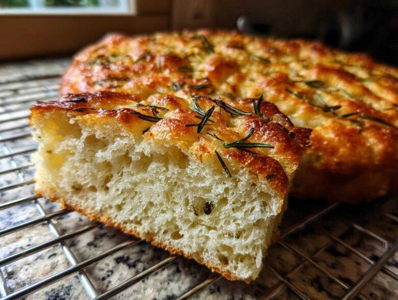 Close-up of a fluffy slice of No-Knead Skillet Focaccia with Rosemary showing the airy crumb and golden crust.