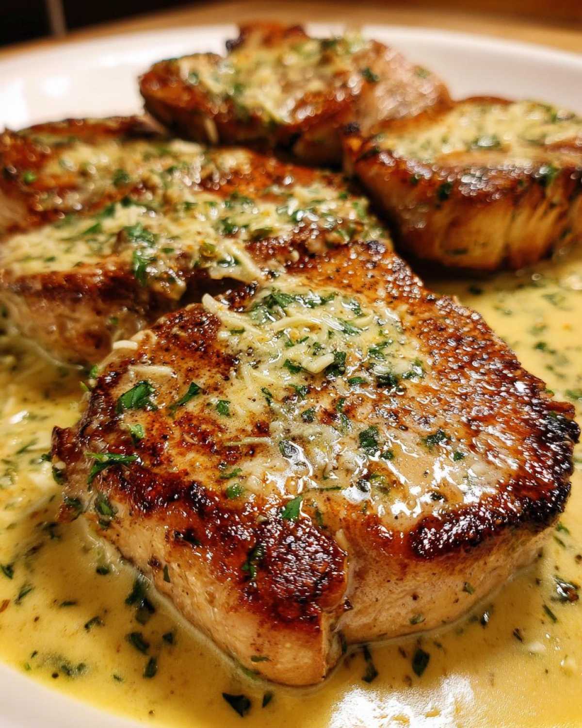 Close-up of seared One-Pan Creamy Garlic Pork Chops smothered in a rich, yellow garlic cream sauce and topped with melted cheese and parsley.