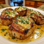 Four seared pork chops covered in a creamy garlic sauce and fresh parsley, ready to eat.