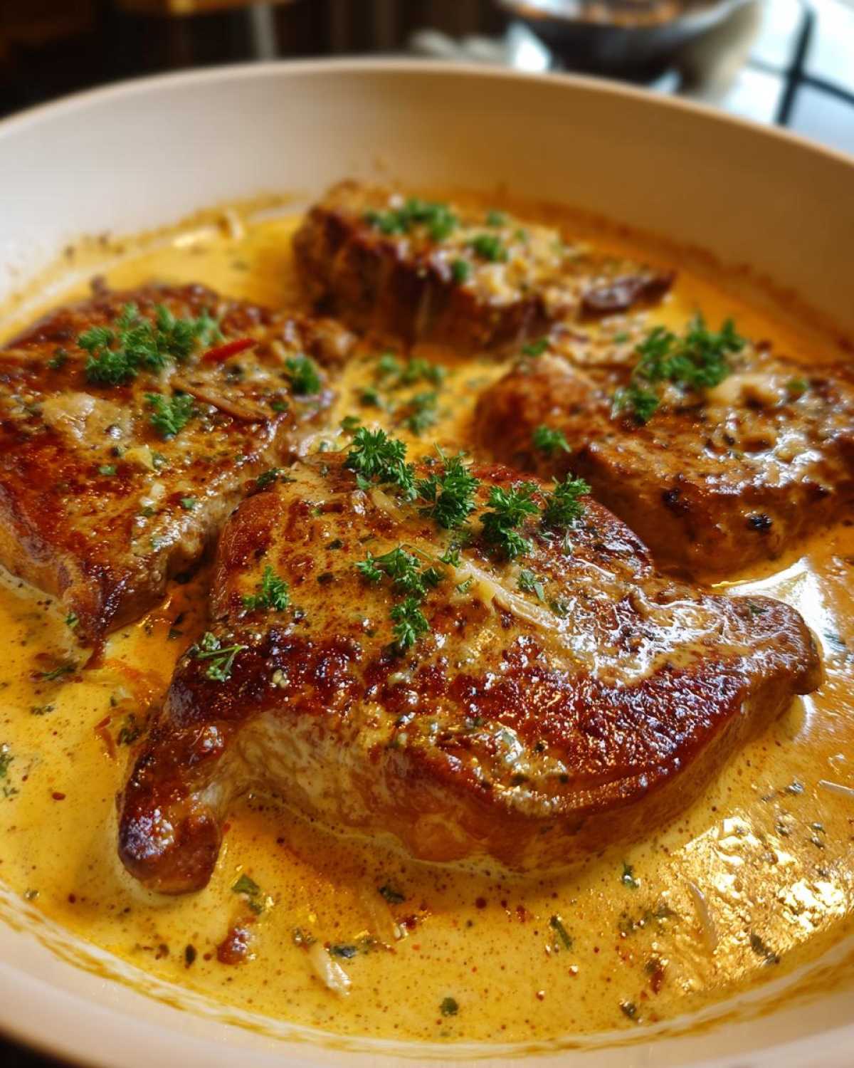 Four seared pork chops swimming in a rich, creamy garlic sauce, garnished with fresh parsley.
