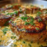 Close-up of seared One-Pan Creamy Garlic Pork Chops simmering in a rich garlic cream sauce and topped with fresh parsley.
