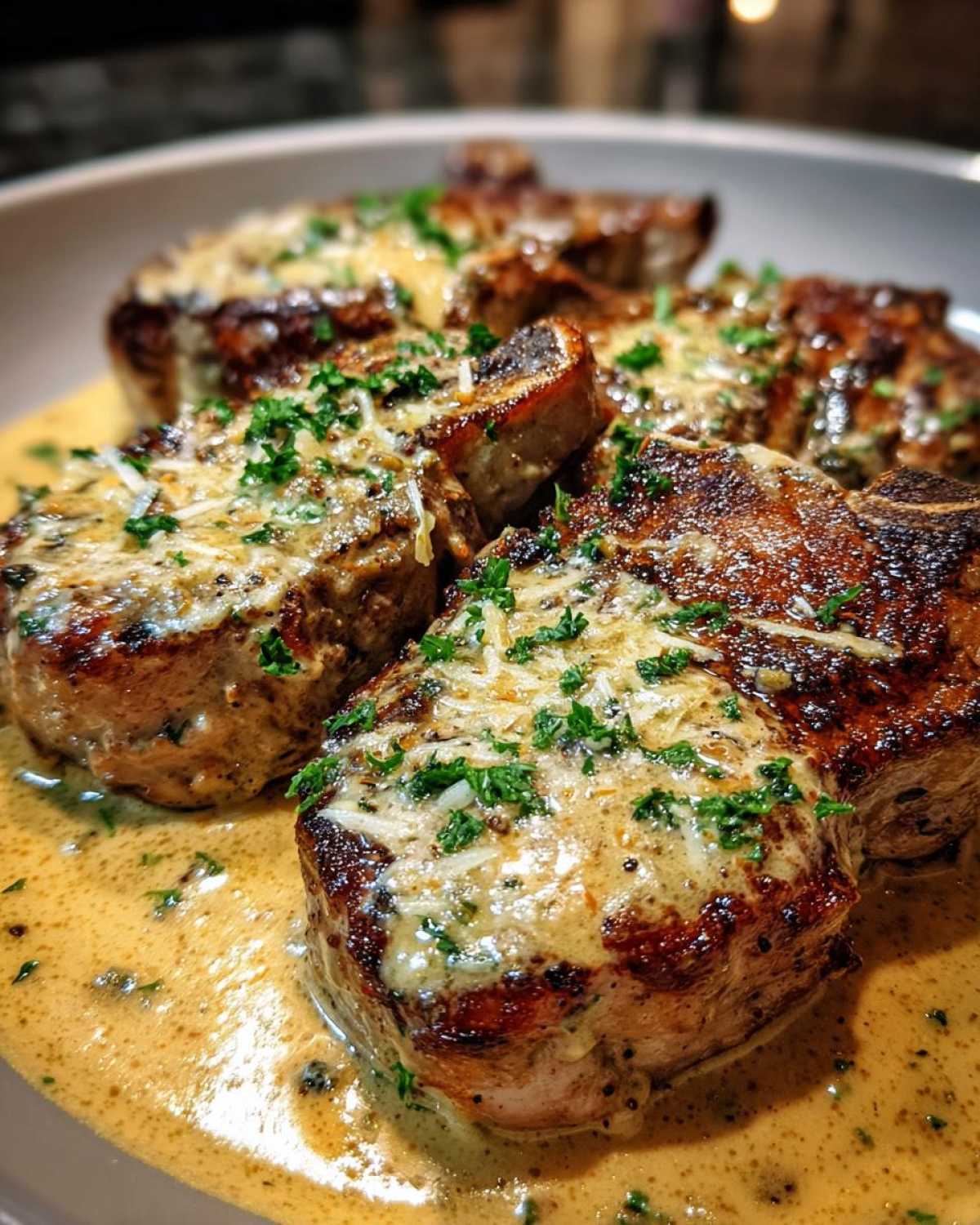 Four seared pork chops covered in creamy garlic sauce, melted cheese, and fresh parsley, ready to eat.