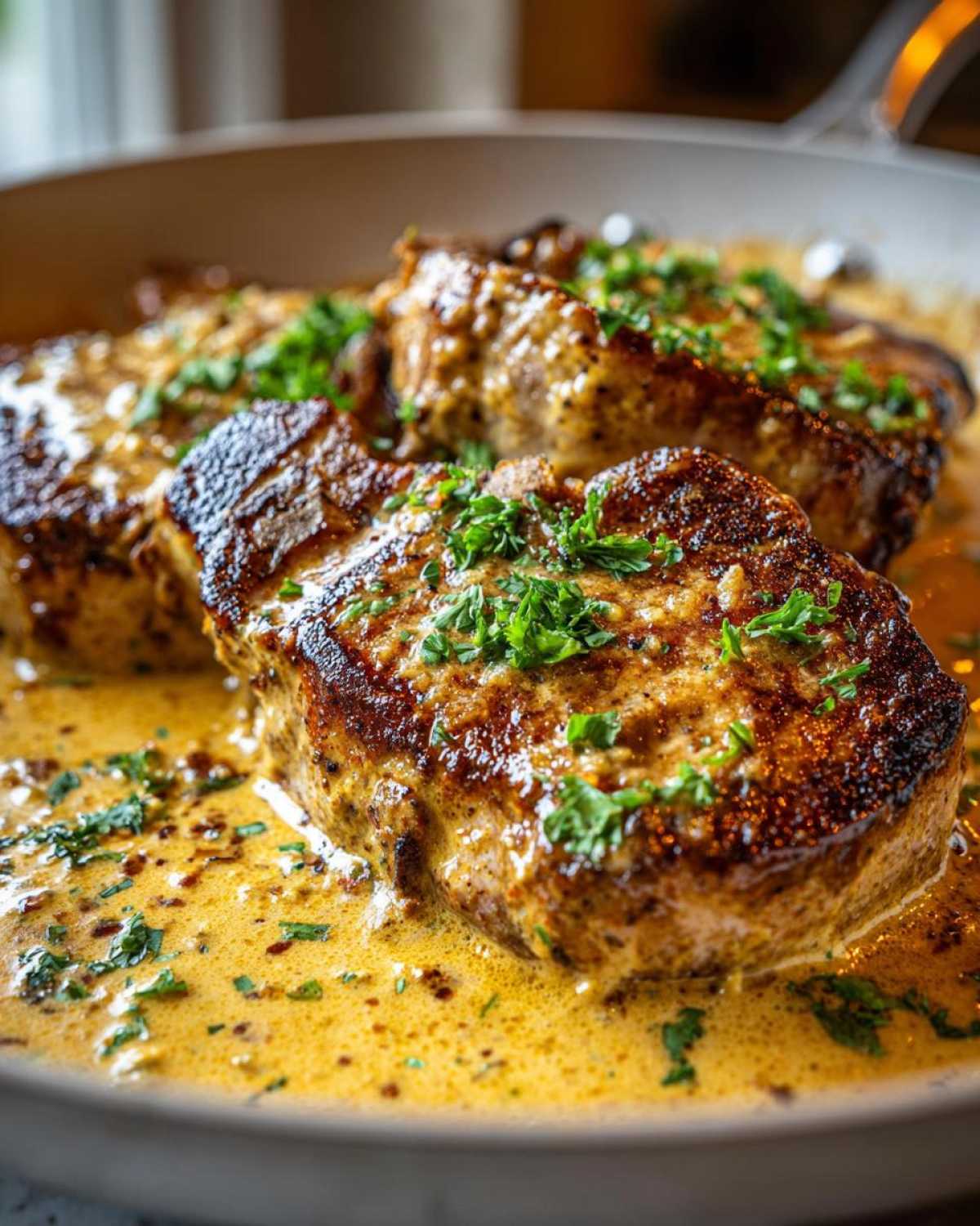 Close-up of seared One-Pan Creamy Garlic Pork Chops smothered in rich, yellow garlic cream sauce and topped with parsley.