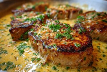 Close-up of seared One-Pan Creamy Garlic Pork Chops simmering in a rich garlic cream sauce and topped with fresh parsley.