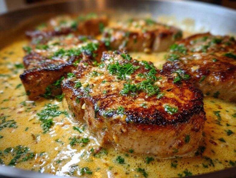 Close-up of seared One-Pan Creamy Garlic Pork Chops simmering in a rich garlic cream sauce and topped with fresh parsley.