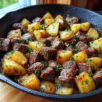 Close-up of juicy steak bites mixed with golden roasted potatoes, glistening in garlic butter sauce.