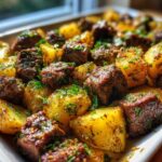 Close-up of golden roasted potatoes and seasoned steak bites garnished with parsley, ready to serve from a white platter.