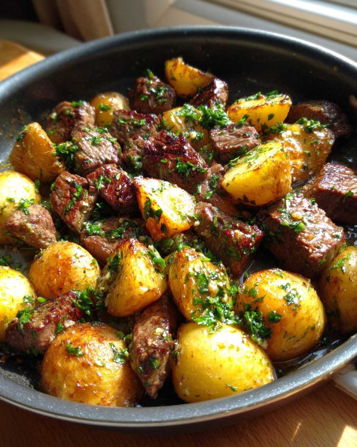 Close-up of One-Pan Garlic Butter Steak Bites and Potatoes glistening in a dark skillet, topped with fresh parsley.