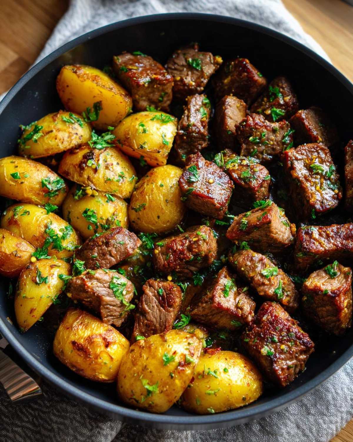 Close-up of One-Pan Garlic Butter Steak Bites and Potatoes coated in sauce and fresh parsley.