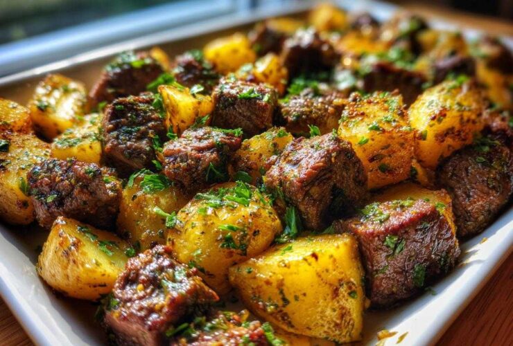 Close-up of golden roasted potatoes and seasoned steak bites garnished with parsley, ready to serve from a white platter.