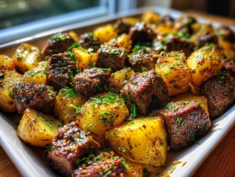 Close-up of golden roasted potatoes and seasoned steak bites garnished with parsley, ready to serve from a white platter.