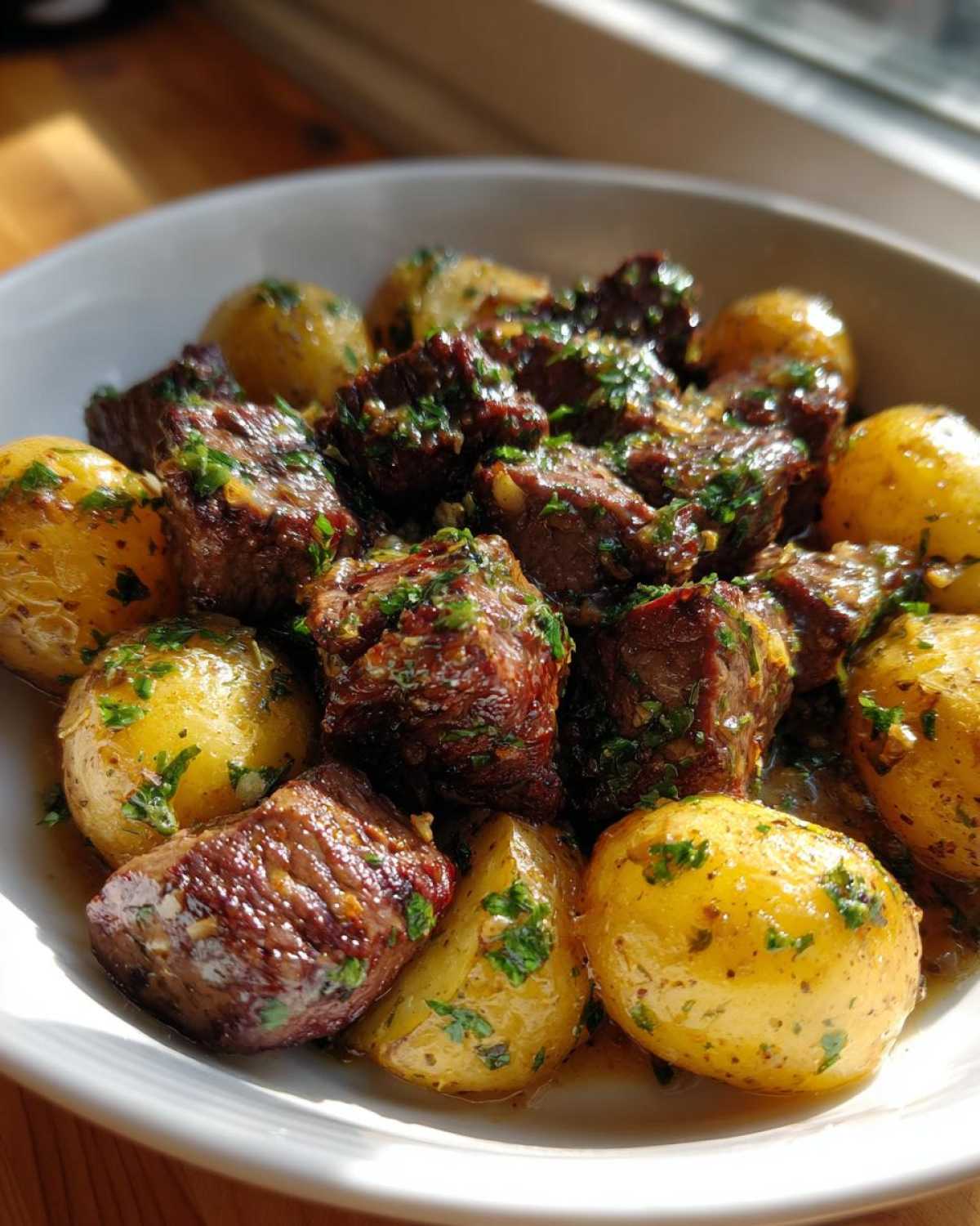 Close-up of juicy, browned One-Pan Garlic Butter Steak Bites mixed with small, golden potatoes, garnished with parsley.