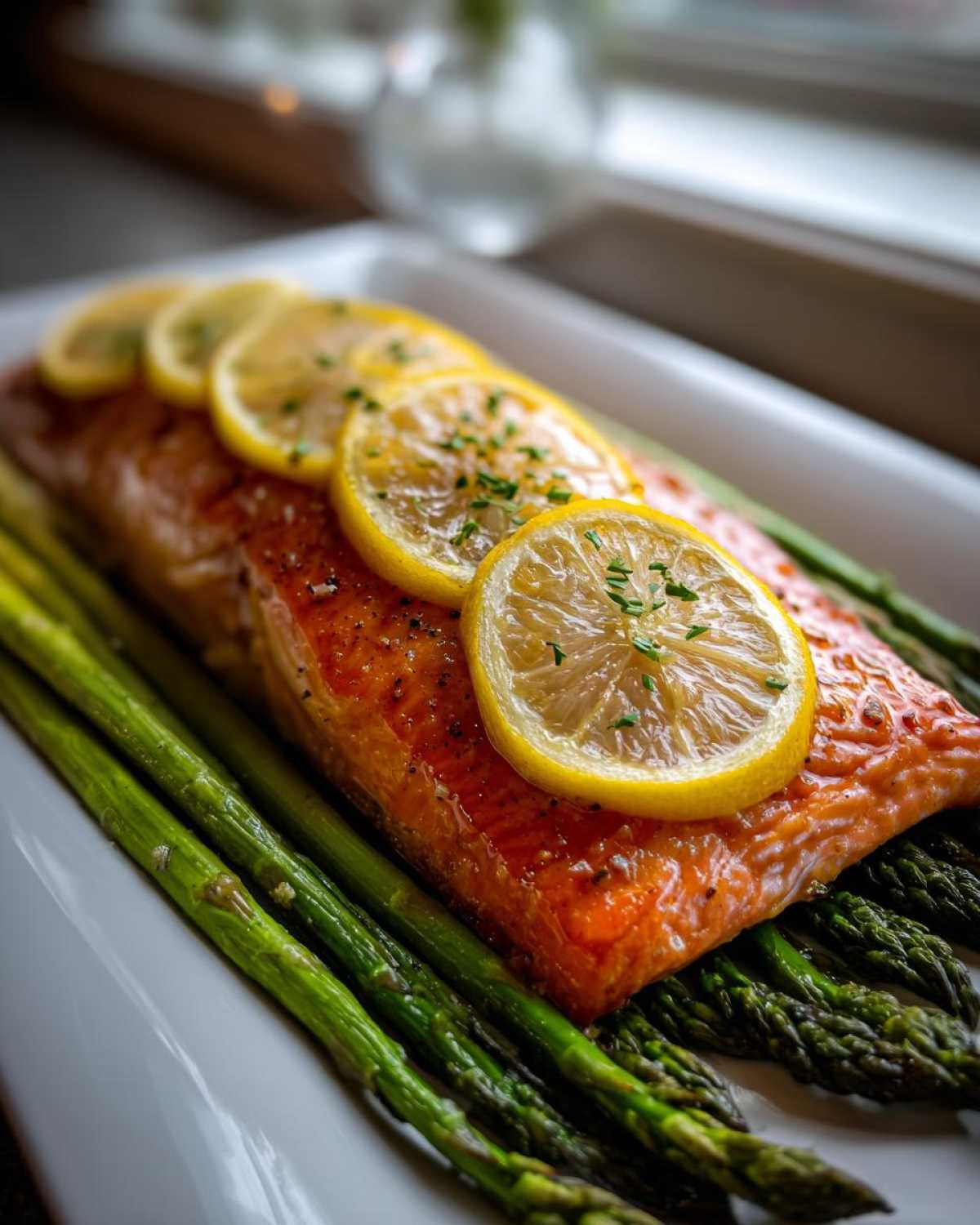 Close-up of cooked One-Pan Lemon Garlic Salmon with Asparagus topped with lemon slices and herbs.