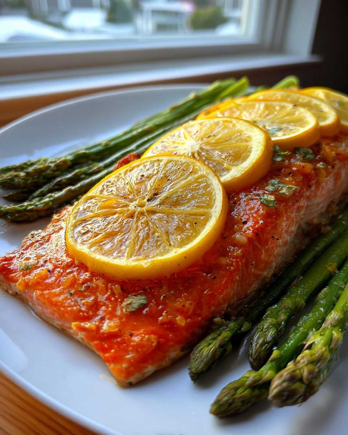 Close-up of a perfectly cooked One-Pan Lemon Garlic Salmon with Asparagus topped with lemon slices.
