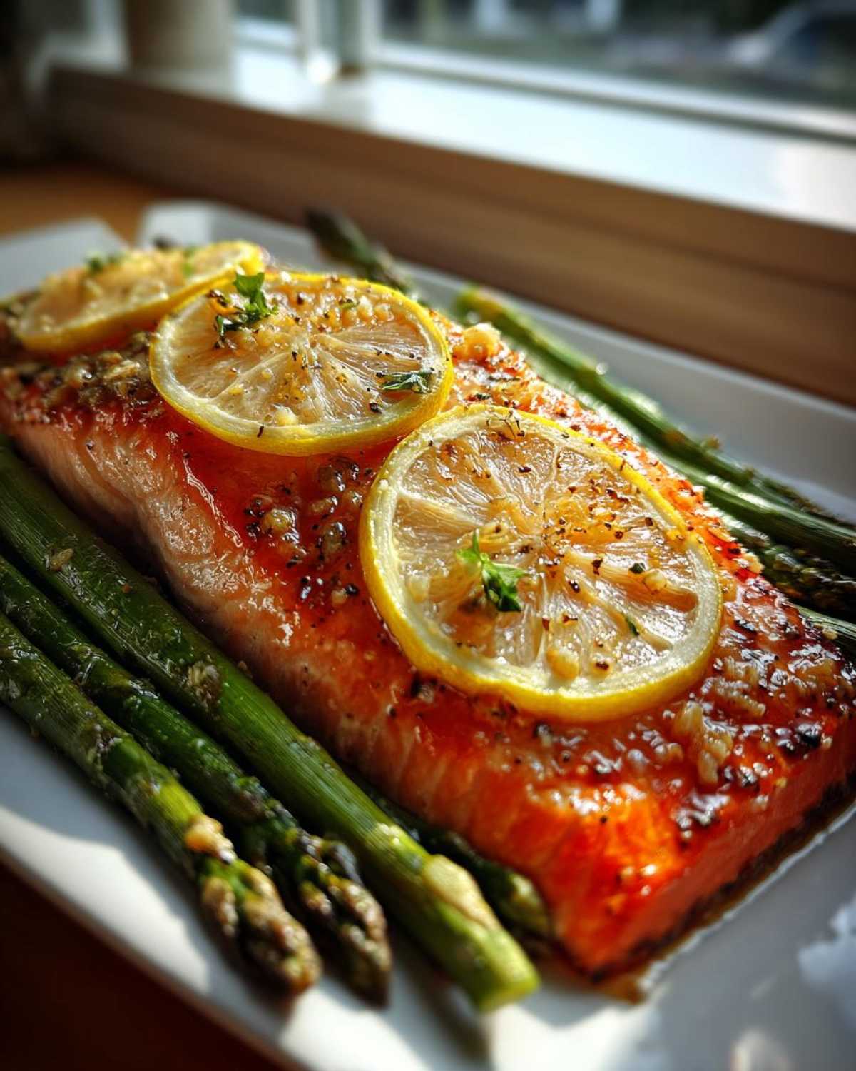 Close-up of a perfectly cooked One-Pan Lemon Garlic Salmon with Asparagus, topped with lemon slices and herbs.