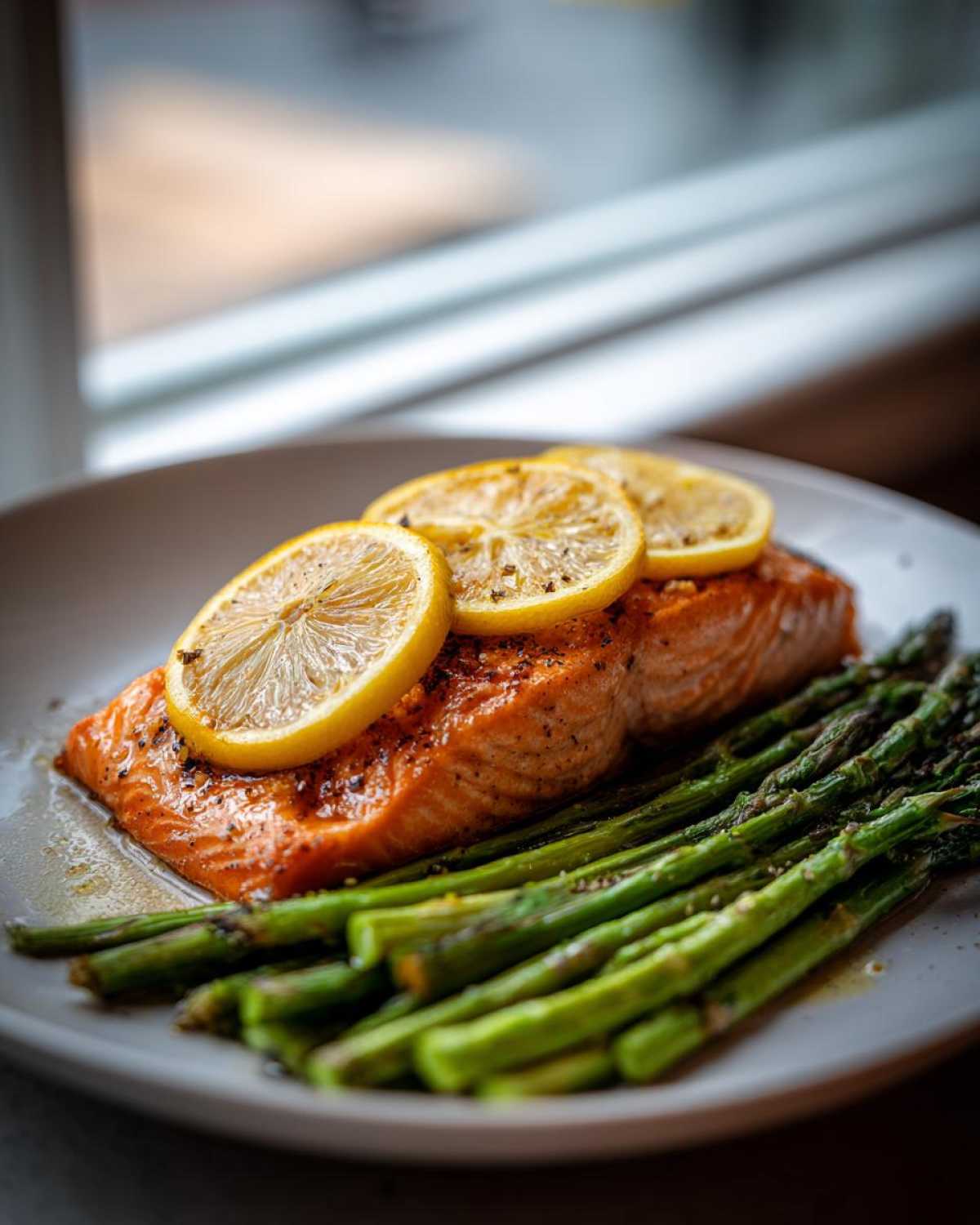 Close-up of a perfectly cooked fillet of One-Pan Lemon Garlic Salmon with roasted asparagus spears, topped with lemon slices.
