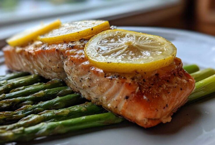 Close-up of a perfectly cooked piece of One-Pan Lemon Garlic Salmon with Asparagus topped with lemon slices.