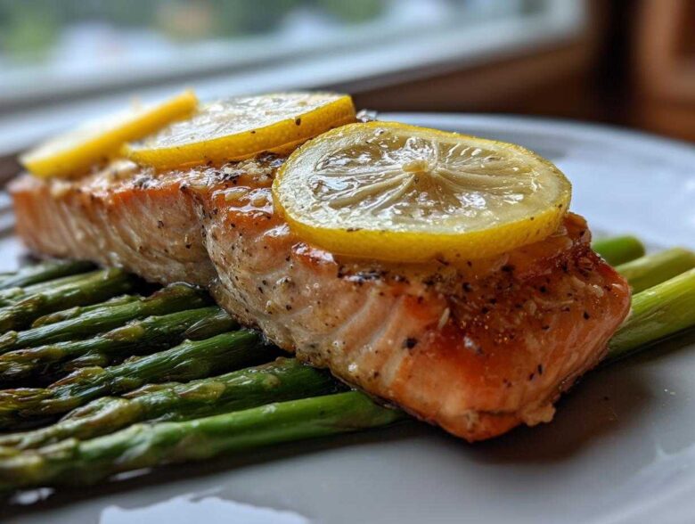 Close-up of a perfectly cooked piece of One-Pan Lemon Garlic Salmon with Asparagus topped with lemon slices.