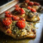 Close-up of a juicy chicken breast topped with green pesto and roasted cherry tomatoes, part of the One-Pan Pesto Chicken with Tomatoes.