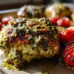 Close-up of a juicy chicken breast topped with vibrant green pesto, served alongside roasted cherry tomatoes from the One-Pan Pesto Chicken with Tomatoes.
