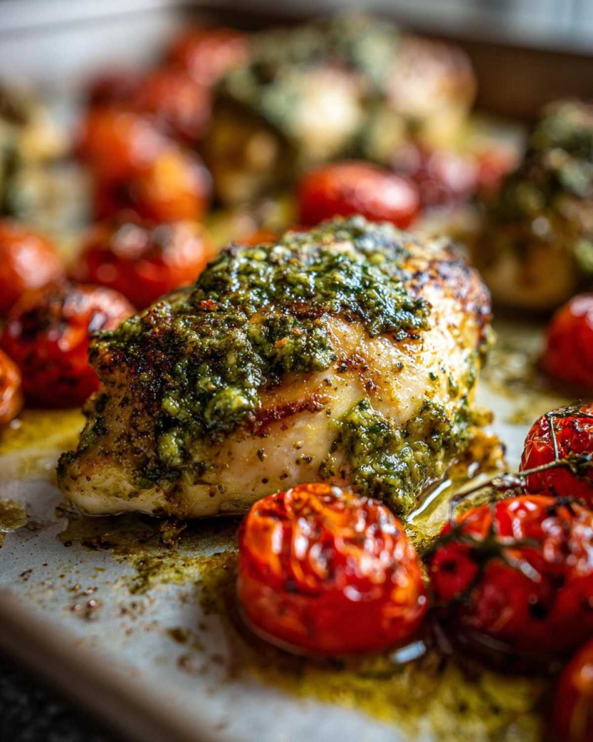 A close-up of a juicy chicken breast topped with vibrant green pesto, surrounded by roasted cherry tomatoes, part of the One-Pan Pesto Chicken with Tomatoes.
