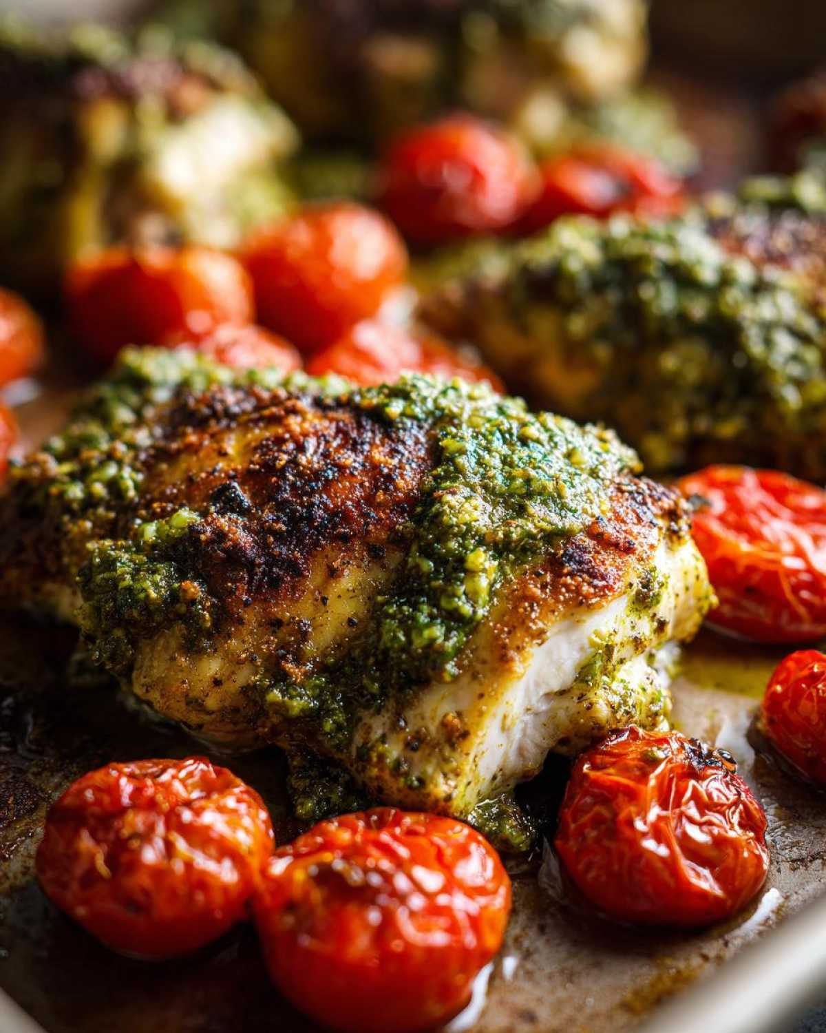 Close-up of a perfectly cooked piece of One-Pan Pesto Chicken with Tomatoes, showing a juicy interior and roasted cherry tomatoes.