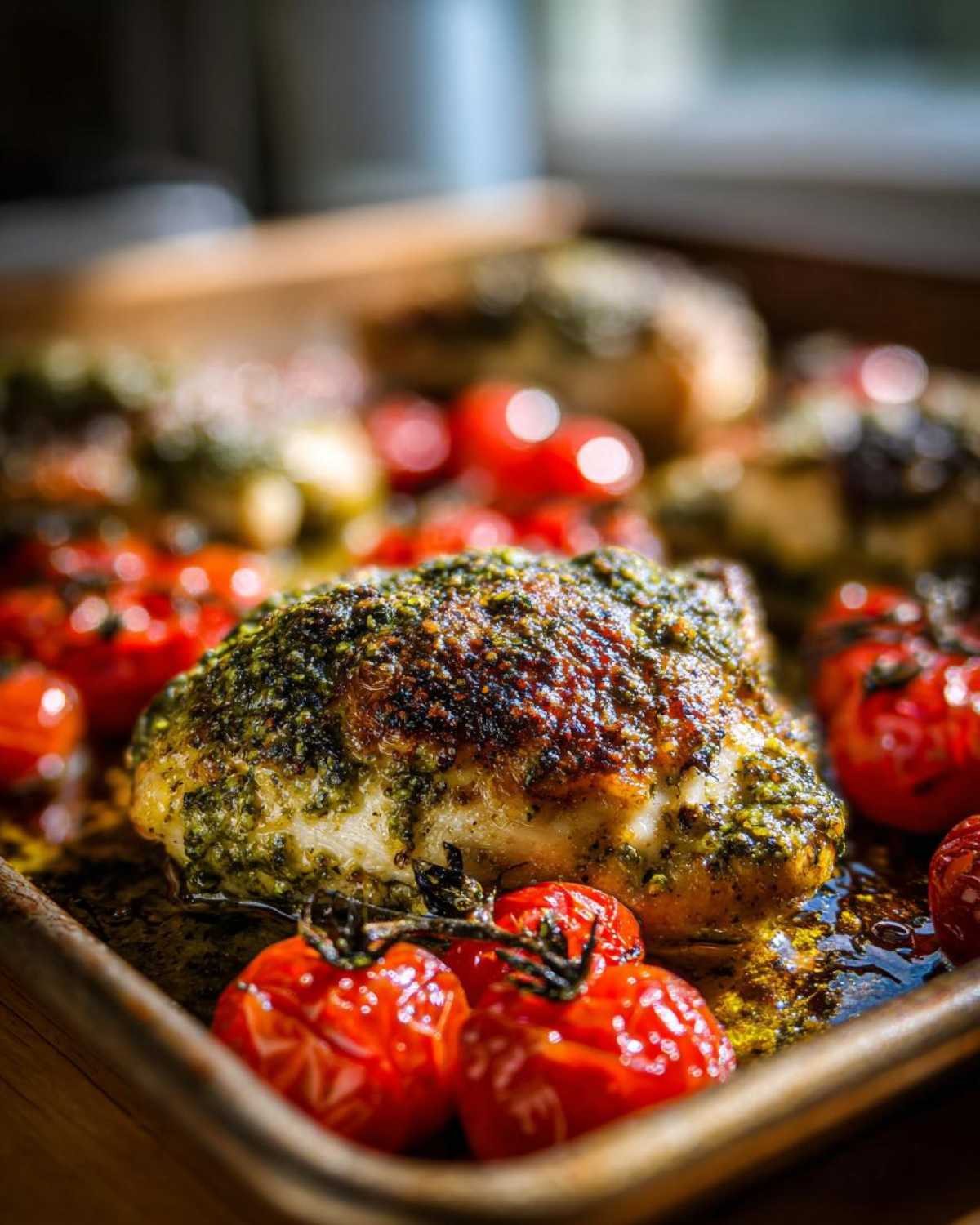 A close-up of a perfectly baked piece of One-Pan Pesto Chicken with Tomatoes, glistening with oil.