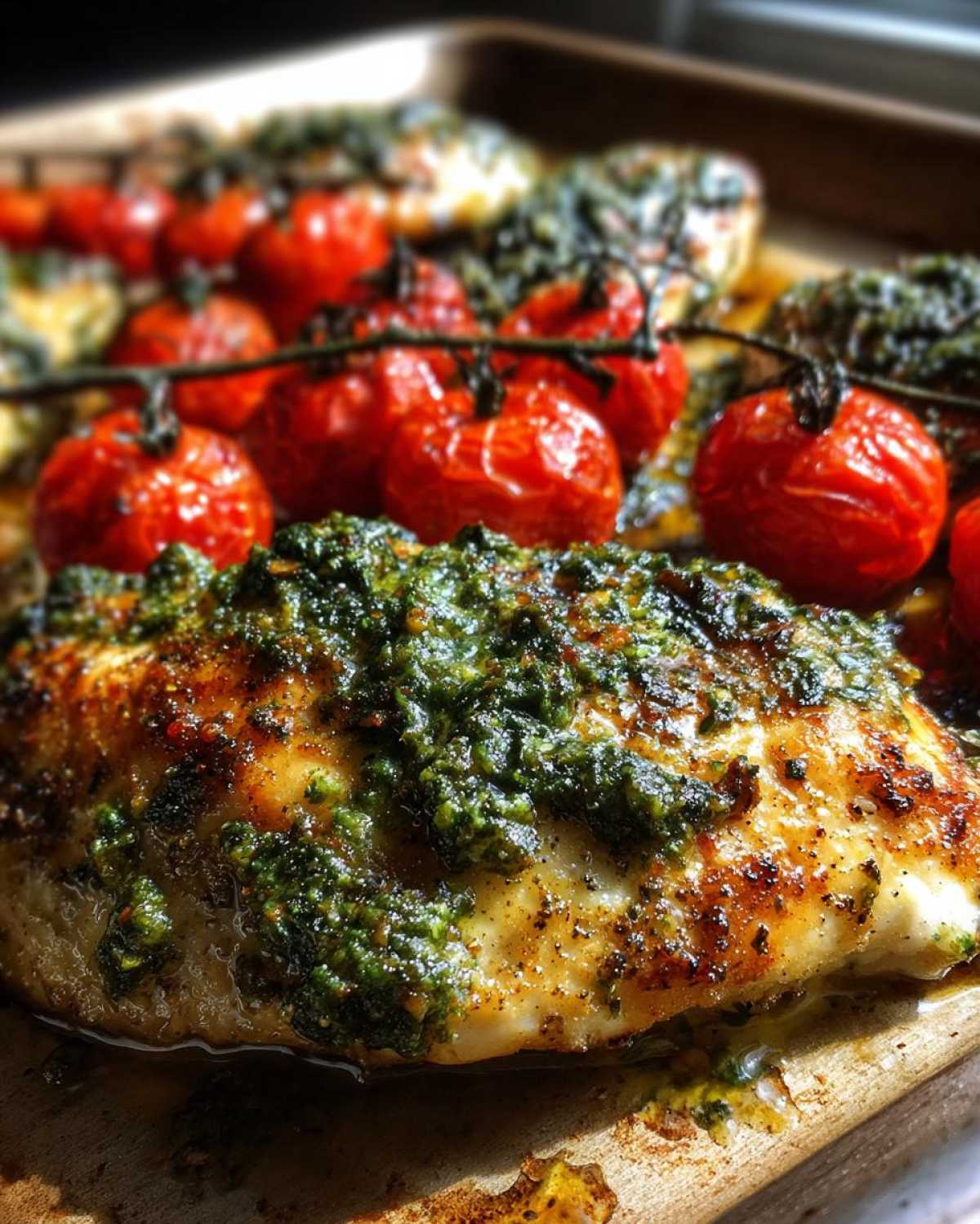 A close-up of a perfectly cooked piece of One-Pan Pesto Chicken with Tomatoes, topped with vibrant green pesto.
