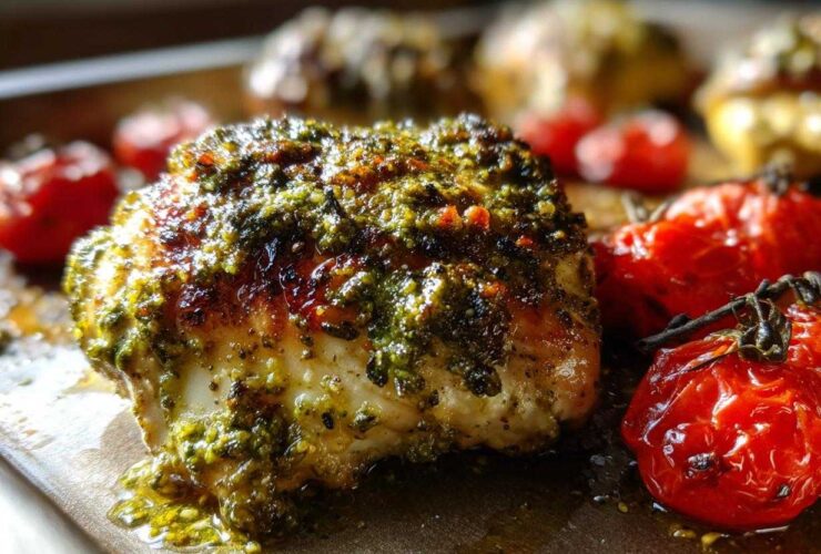 Close-up of a juicy chicken breast topped with vibrant green pesto, served alongside roasted cherry tomatoes from the One-Pan Pesto Chicken with Tomatoes.