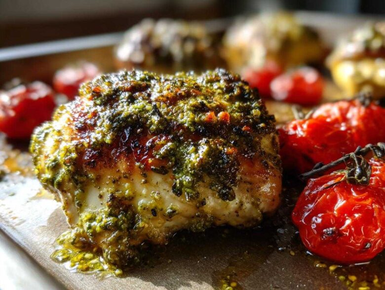 Close-up of a juicy chicken breast topped with vibrant green pesto, served alongside roasted cherry tomatoes from the One-Pan Pesto Chicken with Tomatoes.