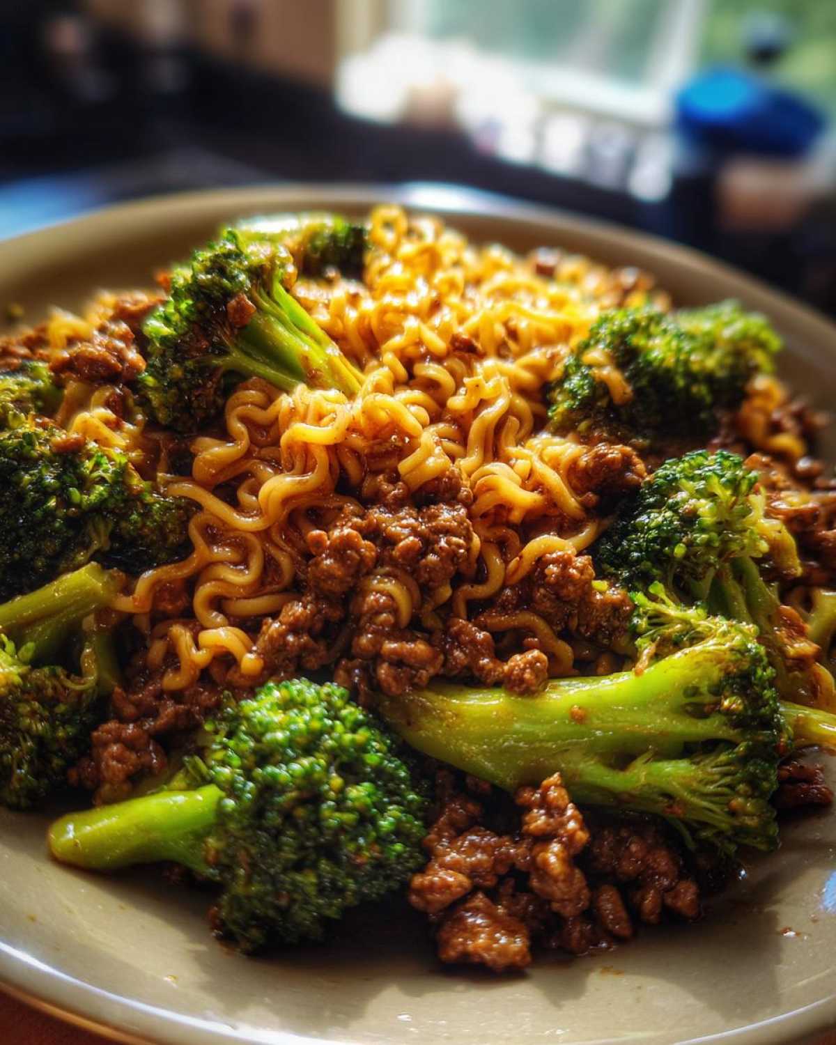 Close-up of a bowl of One-Pot Beef and Broccoli Ramen Noodles featuring ground beef, bright green broccoli florets, and wavy ramen noodles.
