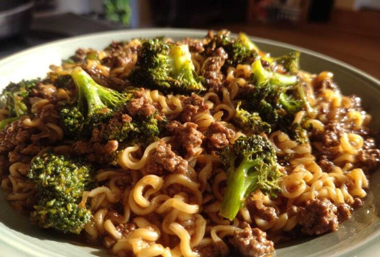 A close-up of One-Pot Beef and Broccoli Ramen Noodles served on a light green plate.
