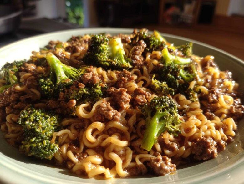 A close-up of One-Pot Beef and Broccoli Ramen Noodles served on a light green plate.