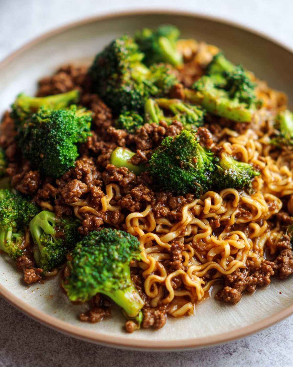 Close-up of One-Pot Beef and Broccoli Ramen Noodles featuring ground beef, bright green broccoli florets, and saucy ramen noodles.