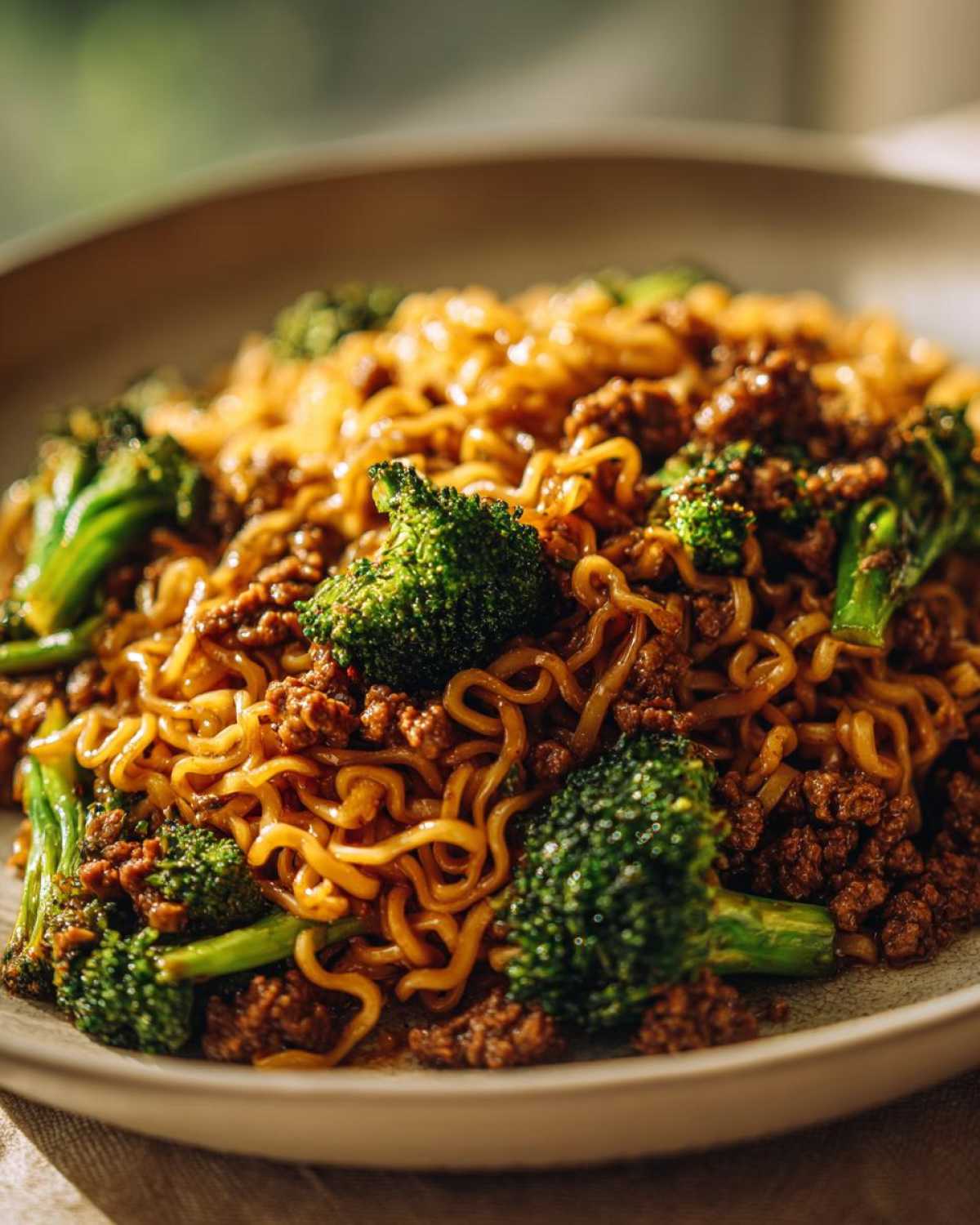 A close-up serving of One-Pot Beef and Broccoli Ramen Noodles, featuring glossy noodles, ground beef, and bright green broccoli florets.