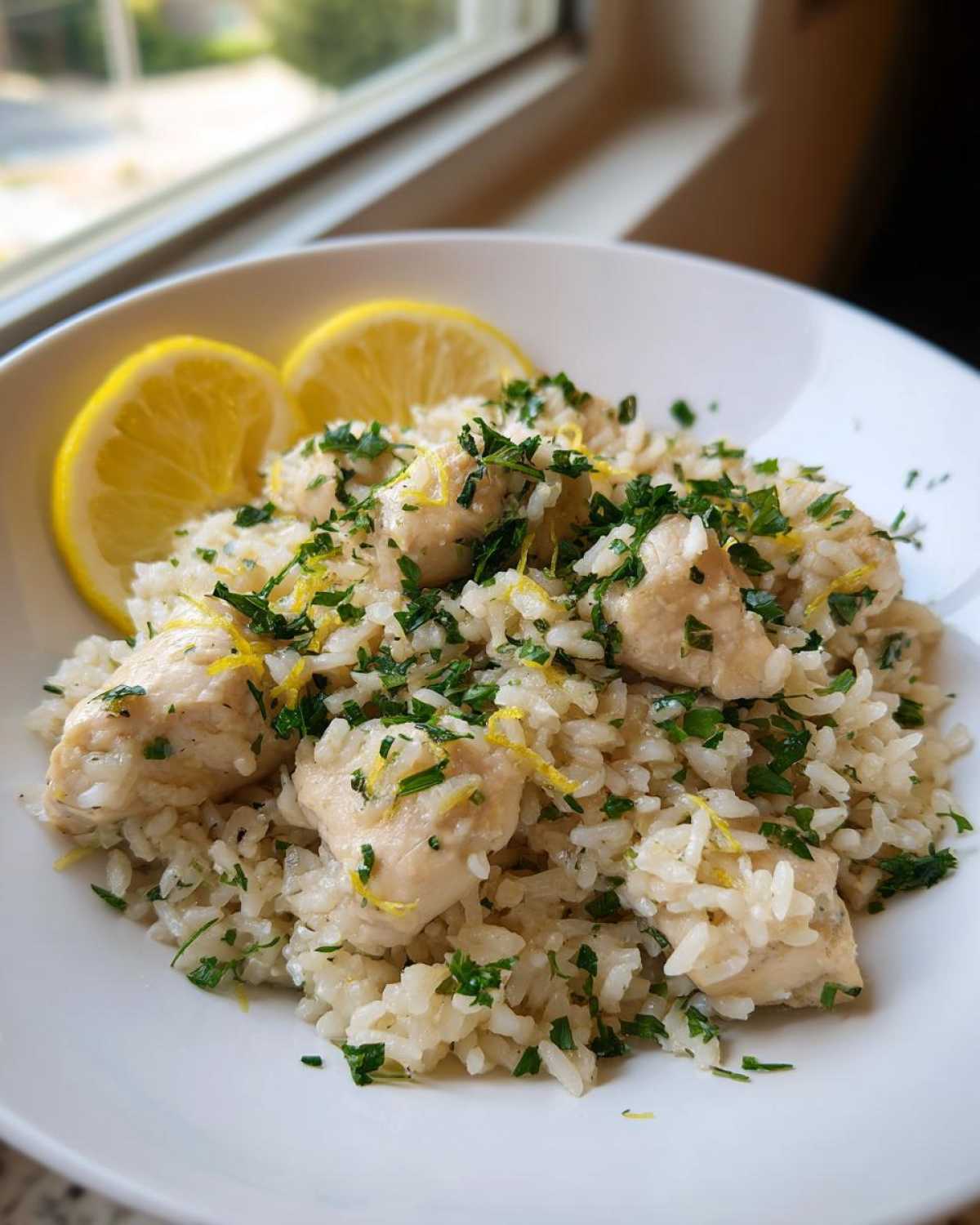 A close-up of One-Pot Chicken and Rice with Lemon and Herbs, topped with parsley and lemon zest, garnished with lemon slices.