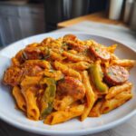 Close-up of One-Pot Creamy Cajun Sausage Pasta with penne, sliced sausage, and green peppers.