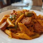 A close-up shot of One-Pot Creamy Cajun Sausage Pasta featuring penne, sliced smoked sausage, and green bell peppers in a rich sauce.