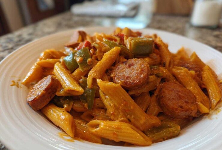 A close-up shot of One-Pot Creamy Cajun Sausage Pasta featuring penne, sliced smoked sausage, and green bell peppers in a rich sauce.