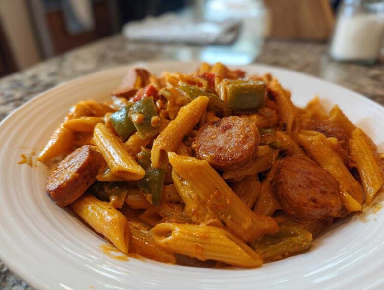 A close-up shot of One-Pot Creamy Cajun Sausage Pasta featuring penne, sliced smoked sausage, and green bell peppers in a rich sauce.