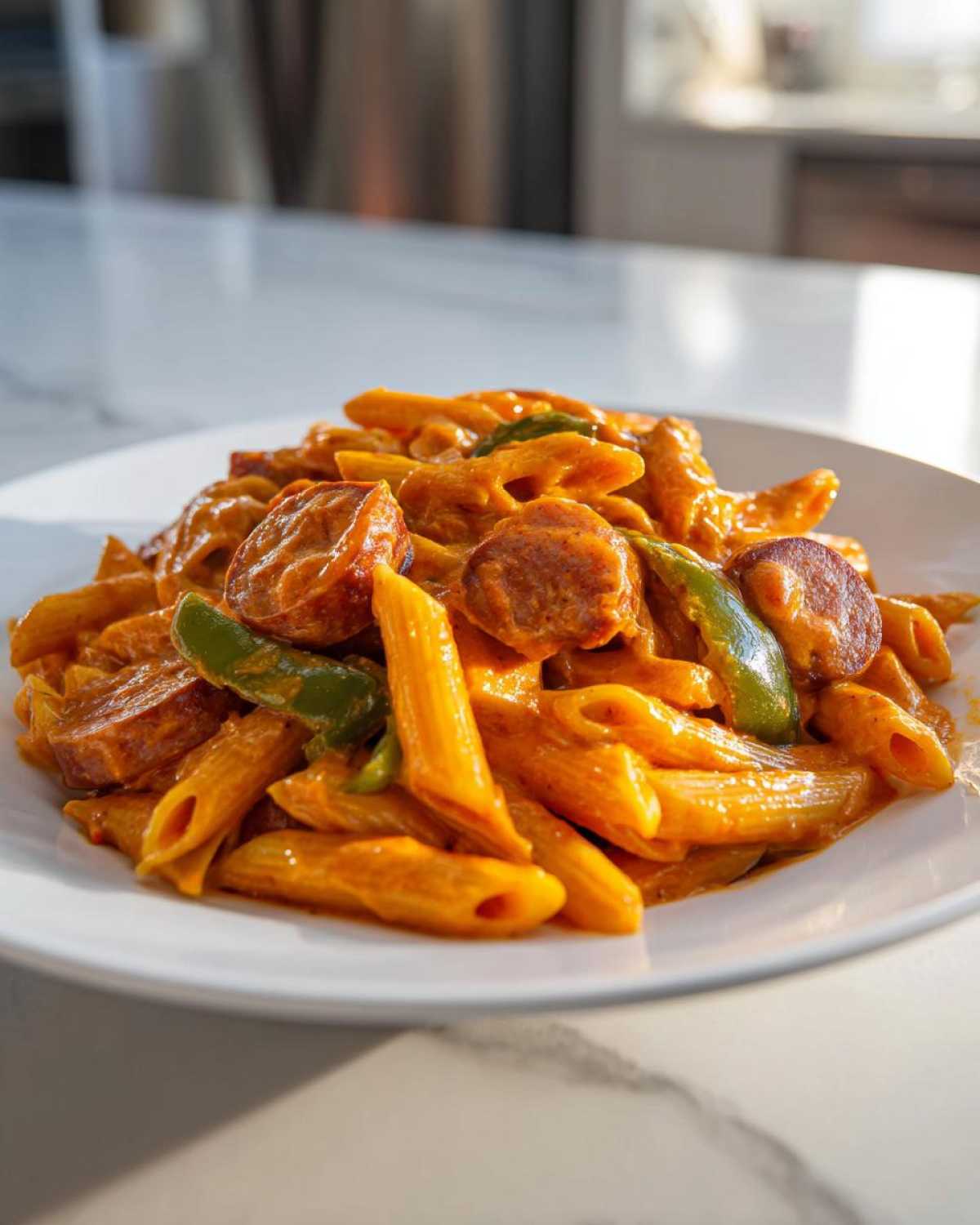 A close-up of One-Pot Creamy Cajun Sausage Pasta with penne, sliced sausage, and green peppers on a white plate.