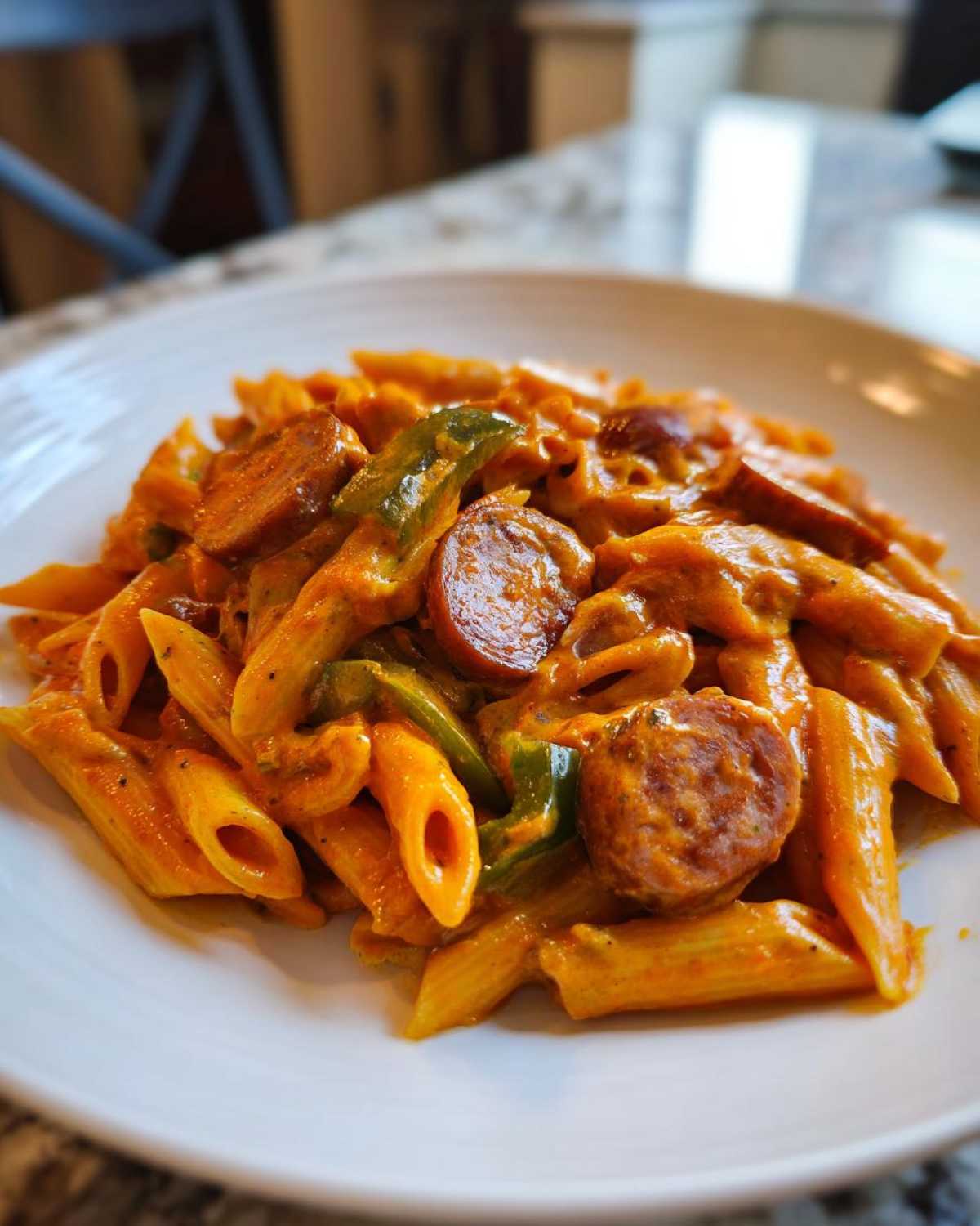 A close-up of One-Pot Creamy Cajun Sausage Pasta featuring penne, sliced sausage, and green peppers in a rich sauce.