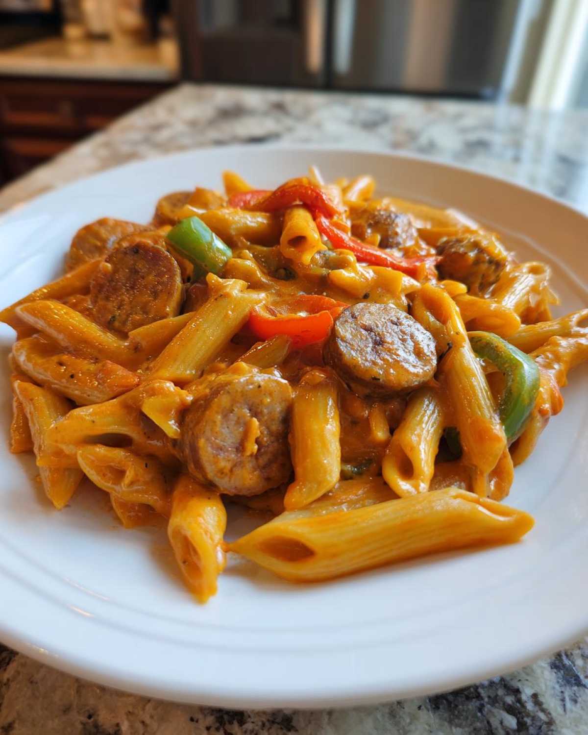 Close-up of a white plate filled with One-Pot Creamy Cajun Sausage Pasta featuring penne, sliced sausage, and bell peppers.