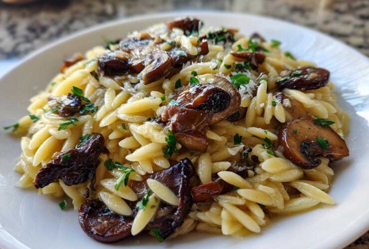 Close-up of a serving of One-Pot Creamy Mushroom Orzo, topped with browned mushrooms and fresh parsley.