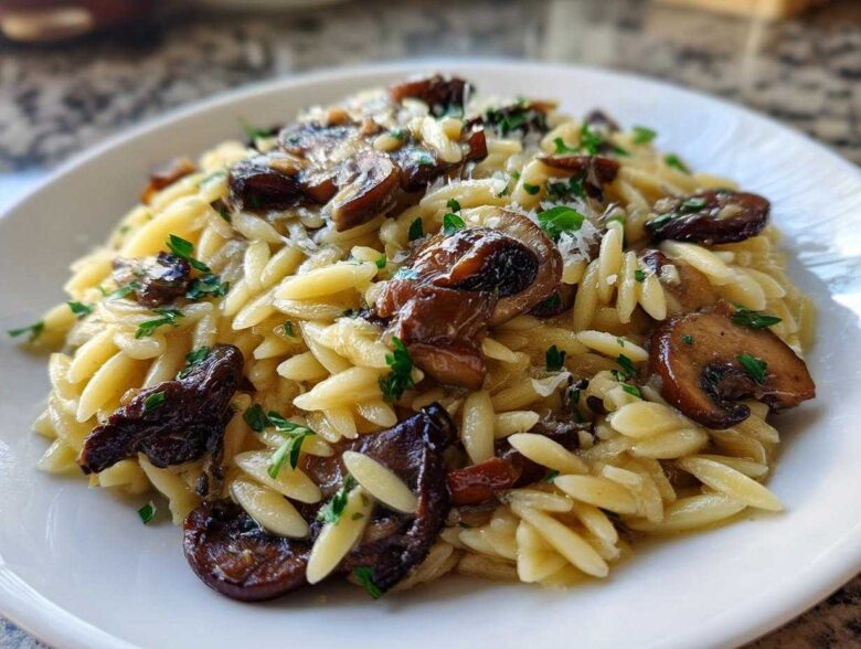 Close-up of a serving of One-Pot Creamy Mushroom Orzo, topped with browned mushrooms and fresh parsley.