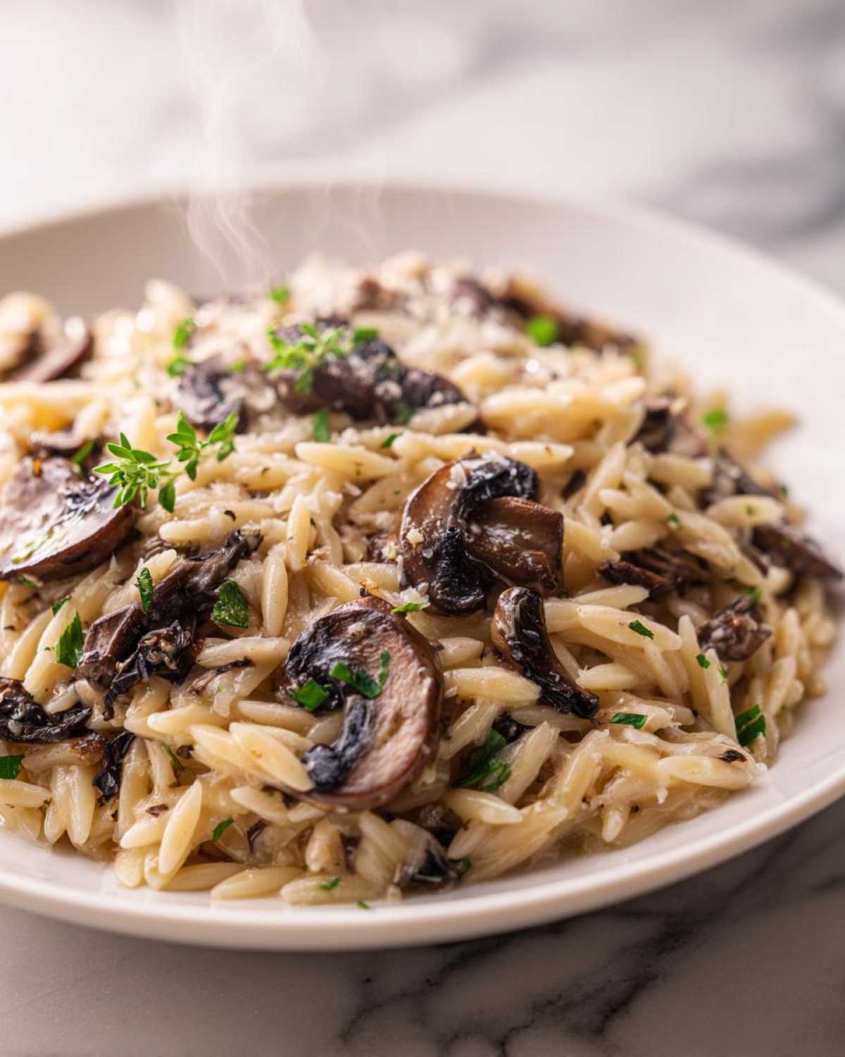 Close-up of hot One-Pot Creamy Mushroom Orzo garnished with fresh thyme and parsley.