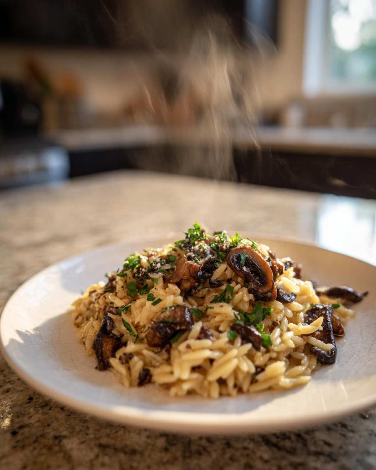 A close-up of steaming One-Pot Creamy Mushroom Orzo topped with sautéed mushrooms and fresh parsley.